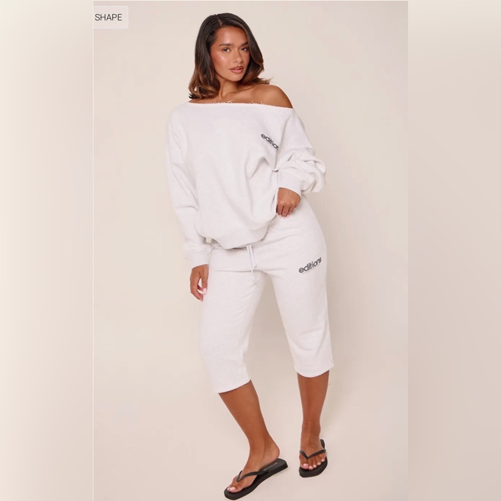 PrettyLittleThing Grey Off-Shoulder Sweat Top & Capri Joggers Loungewear Set